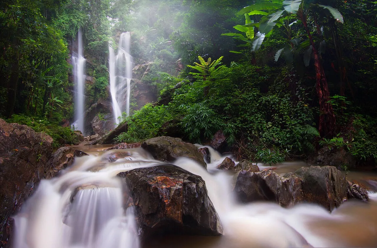 Kaskady wodospadów w lesie Parku Narodowego Doi Suthep-Pui